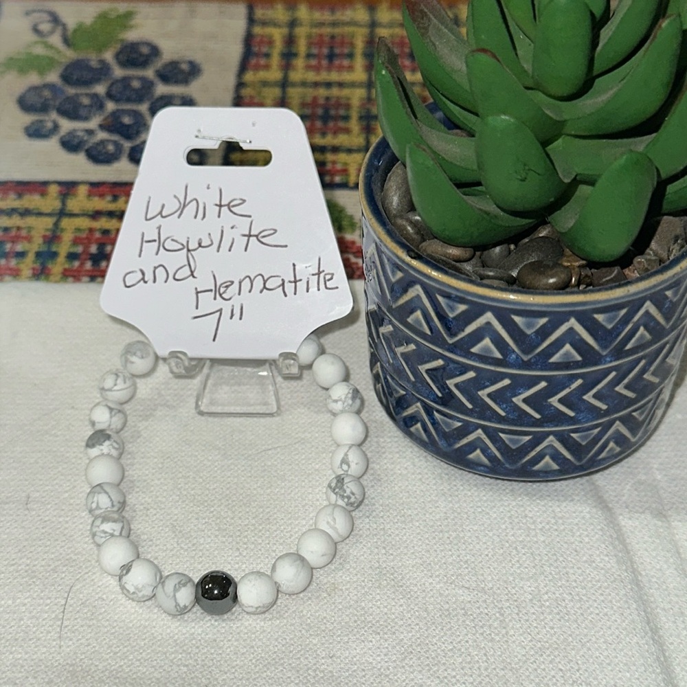 Hand Crafted White Howlite and Hematite Stretch Bracelet